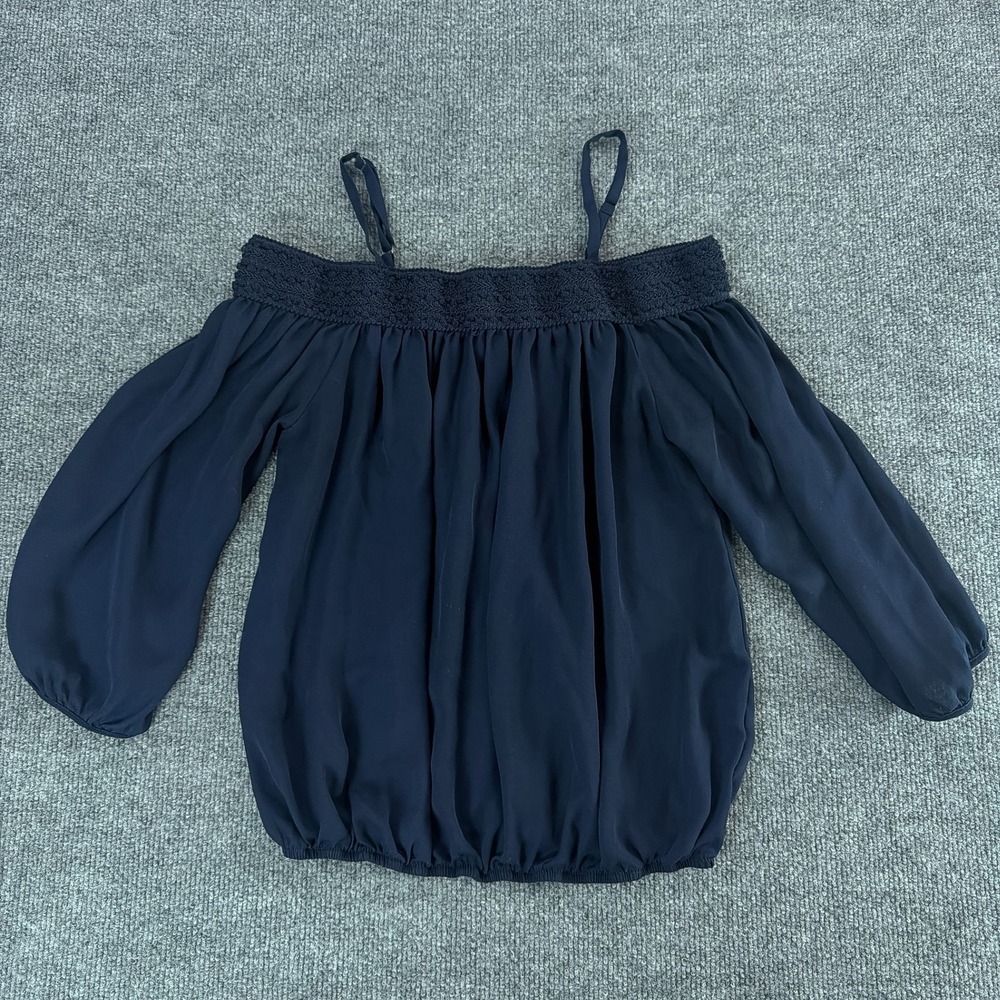 By & By Navy Blue Off The Shoulder Crochet Trim Blouse Small Summer Lightweight